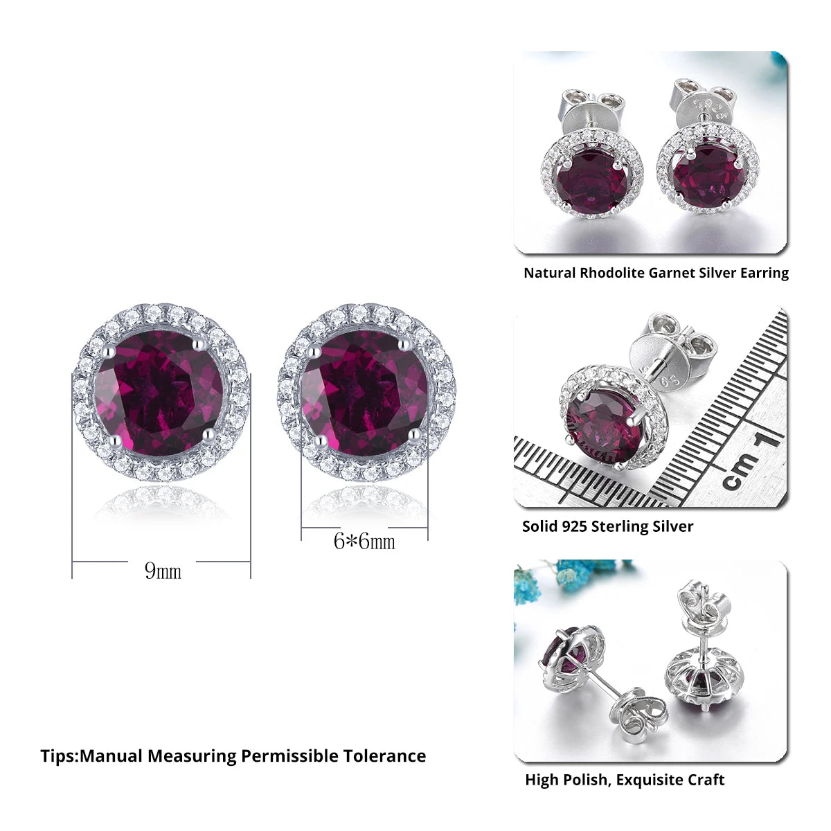 Natural Rhodolite Garnet Sterling Silver Stud Earring 2 Carats Genuine Rose Garnet Women Romantic Daily Style Fine Jewelrys