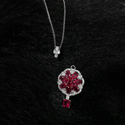 Wong Rain Solid 925 Sterling Silver 6*6MM Ruby White Sapphire Gemstone Flowers Pendant Necklace for Women Fine Jewelry Wholesale